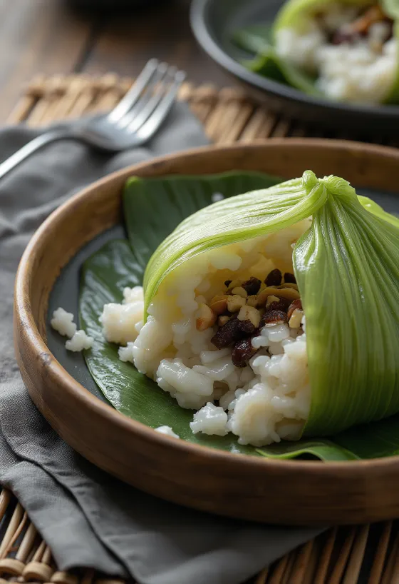 Édes zongzi kókuszos töltelékkel, friss dióval és mandulával, gőzölve