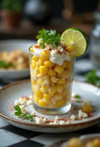 Esquites grillen sütve, sült kukorica feta sajttal és tejföllel, friss korianderrel díszítve