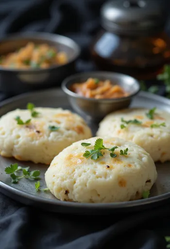 Frissen készült idli rava, gőzölve, friss korianderlevelekkel díszítve