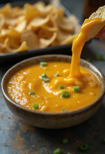 Jalapeños sörös cheddar szósz tálban, nachos mellé tálalva
