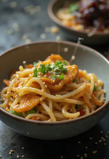 Japchae fokhagymával tálalva, édesburgonya tésztával és zöldségekkel