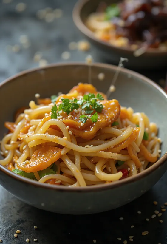 Japchae fokhagymával tálalva, édesburgonya tésztával és zöldségekkel