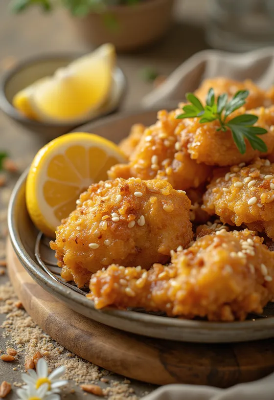 Karaage fokhagymás marináddal, ropogós csirke falatok szezámmal megszórva
