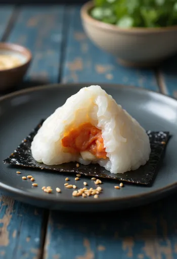 Kimchi-majonézes onigiri, friss korianderrel tálalva