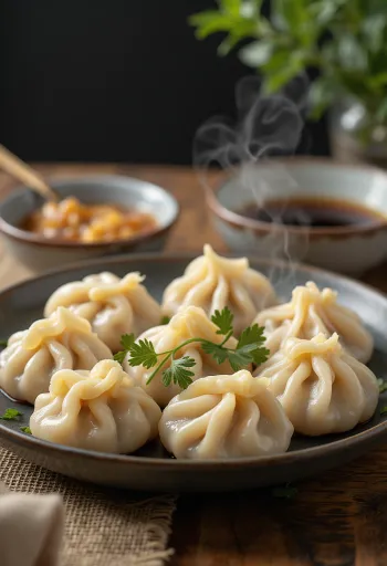 Kínai sertéshúsos jiaozi gombóc főzve, fehér tányéron tálalva