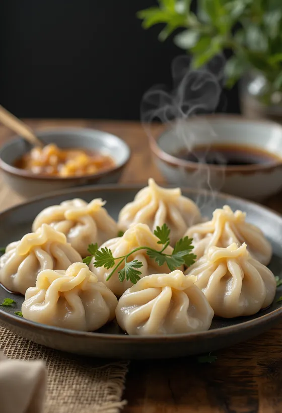 Kínai sertéshúsos jiaozi gombóc főzve, fehér tányéron tálalva