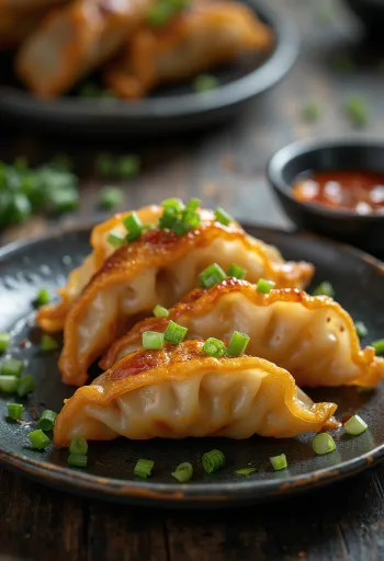 Koreai csípős mandu gochujanggal és ropogós tésztával tálalva