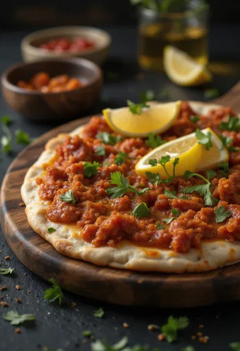 Lahmacun csípősen, friss tésztával és fűszeres húsos töltelékkel tálalva