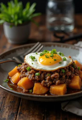 Loco Moco édesburgonyával tálalva
