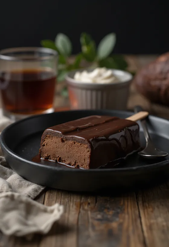 Házi Magnum Double Chocolate jégkrém dupla csokoládéval bevonva, rusztikus háttéren tálalva