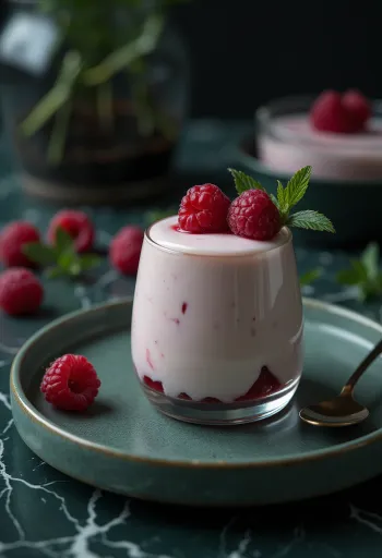Málnás panna cotta friss bogyós gyümölcsökkel és málnaszósszal díszítve