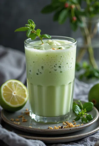 Mentás lassi pohárban, jégkockákkal díszítve