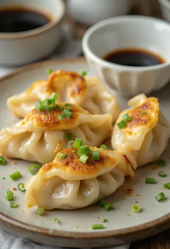 Miso Tofu Gyoza tálalva szójaszószos mártogatóval