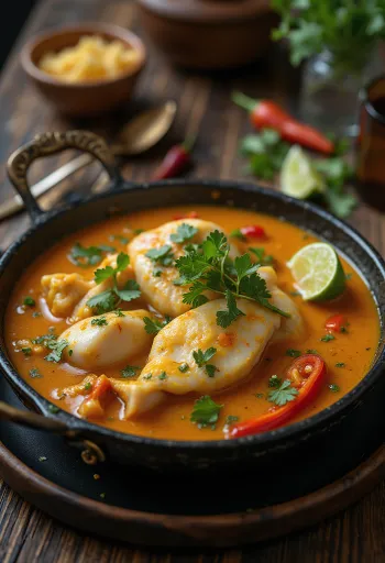 Moqueca csípős hal kókuszos szósszal, korianderrel és lime-mal tálalva