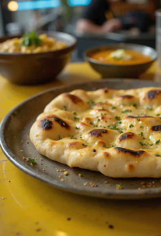 Frissen sült naan kenyér fokhagymával és vajjal