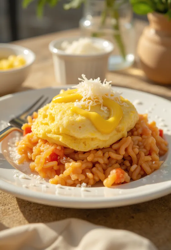 Omurice tál mustárral és parmezán sajttal, színes zöldségekkel tálalva