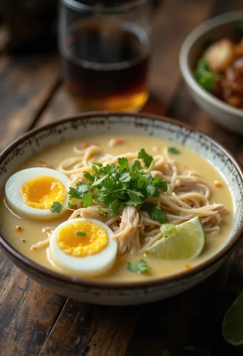 Palembang laksa, tamarindos kókusz alapú leves csirke, tészta és friss zöldségekkel tálalva.