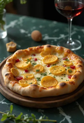 Quattro Formaggi pizza parmezánchips-szel tálalva