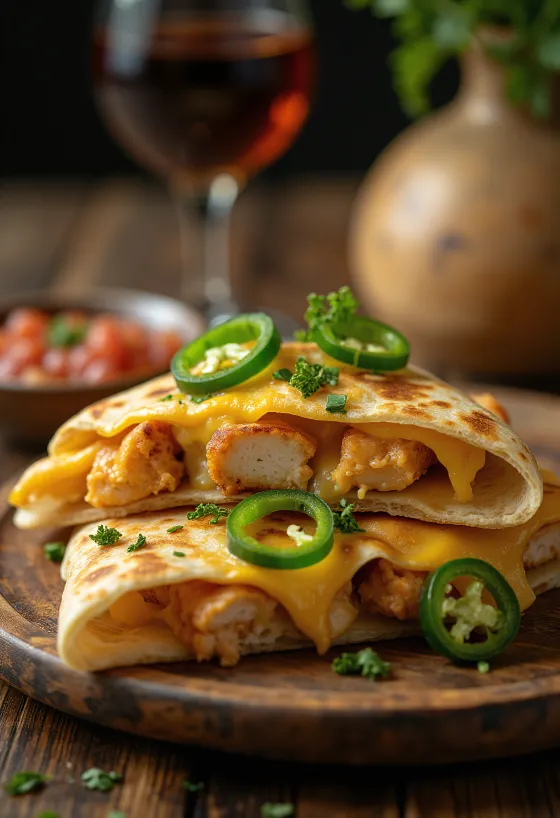 Quesadilla jalapeñóval, ropogós, aranybarna tortilla töltve csirkehússal, sajttal és jalapeñóval