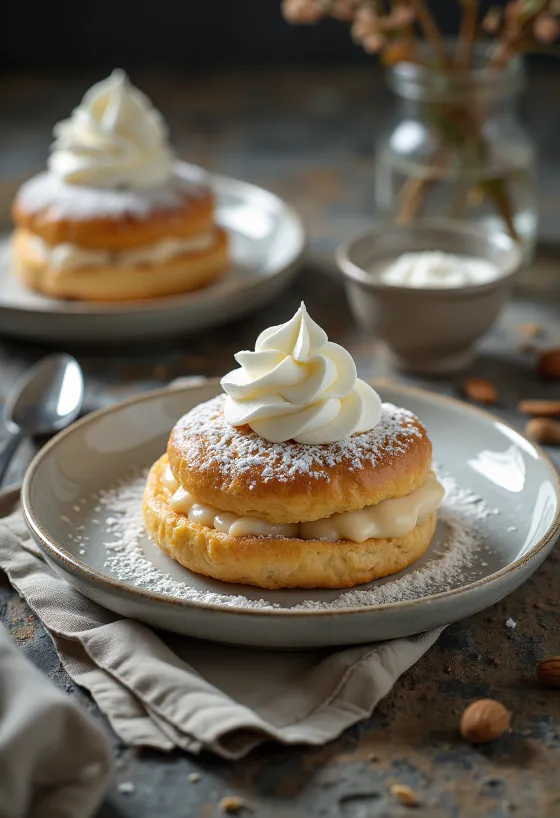 Semla klasszikus változata, tejszínhabbal és mandulával töltve, porcukorral megszórva