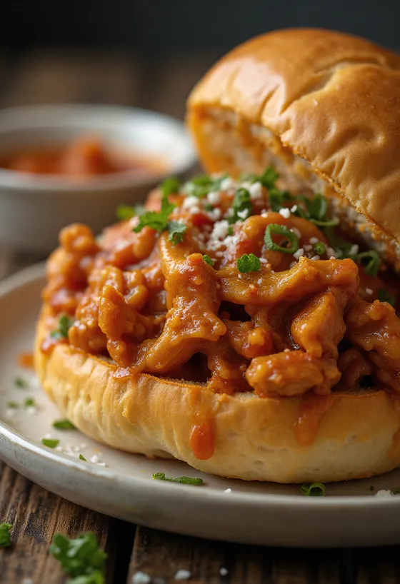 Csirkemelles Sloppy Joe szendvics gazdagon elhelyezett fűszeres töltelékkel
