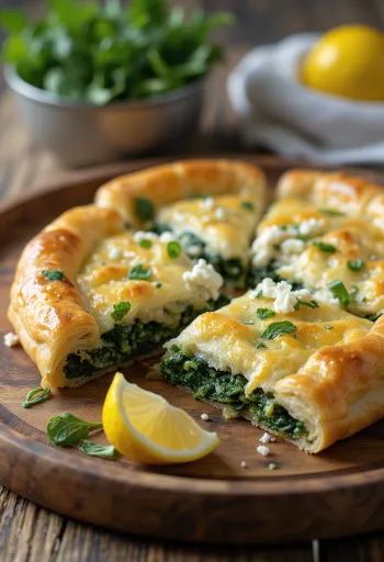Spanakopita fetasajttal, spenótos és feta sajtos töltelékkel, ropogós filo tésztában