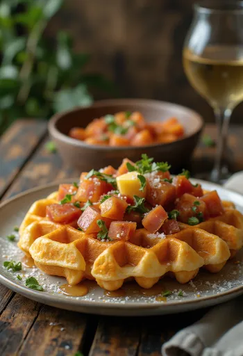 Chorizo-s és Manchego sajtos gofri tálalva petrezselyemmel és füstölt paprikával