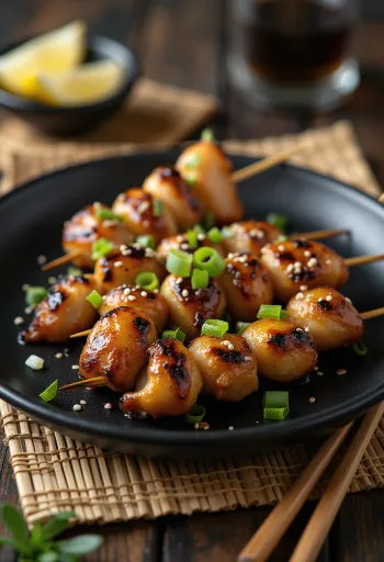 Sunagimo yakitori csirke zúzával, szezámmaggal és zöldhagymával tálalva