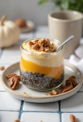 Sütőtökös chia puding, fahéjjal és pirított dióval tálalva.