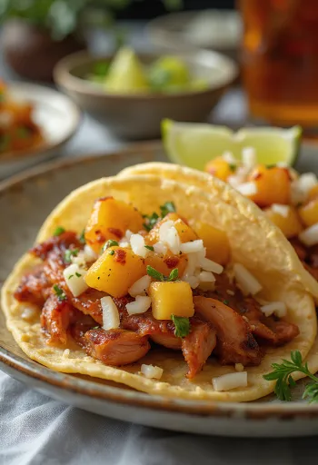 Taco al Pastor kukoricatortillában, pácolt hússal és ananásszal