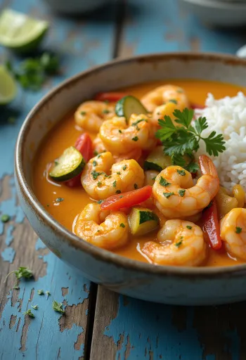 Thai curry garnélával és kókusztejjel tálalva