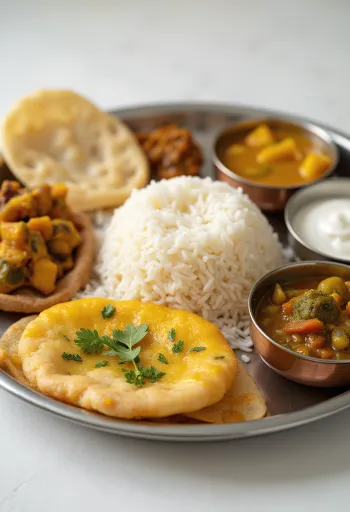 Thali oriya bhog stílusban, indiai étkezés rizssel, lencsével, pirított zöldségekkel és purikkal