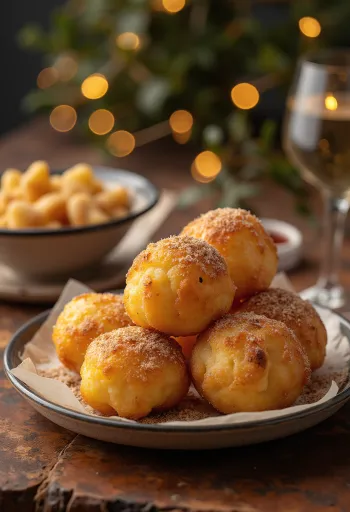 Zeppole fahéjas cukorral, aranybarnára sülve, porban