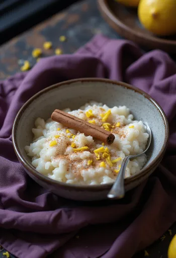 Arroz doce kókusztejjel, fahéjjal tálalva egy fehér tányéron