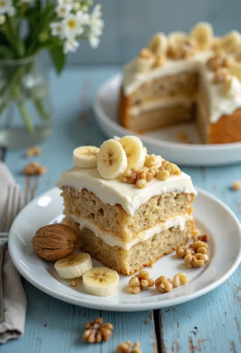 Banános-diós krémtorta friss banánkarikákkal és dióval díszítve
