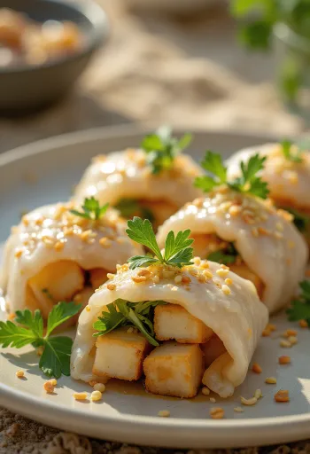 Bánh cuốn tofuval, friss korianderrel díszítve