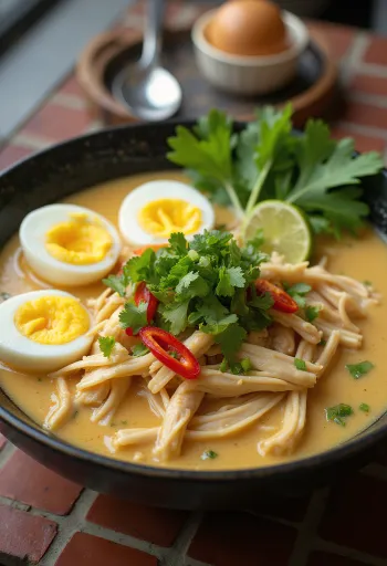 Betawi laksa, tamarindos kókusz alapú leves csirke, tészta és friss zöldségekkel tálalva.