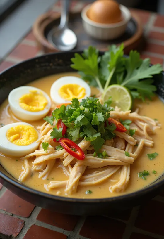 Betawi laksa, tamarindos kókusz alapú leves csirke, tészta és friss zöldségekkel tálalva.