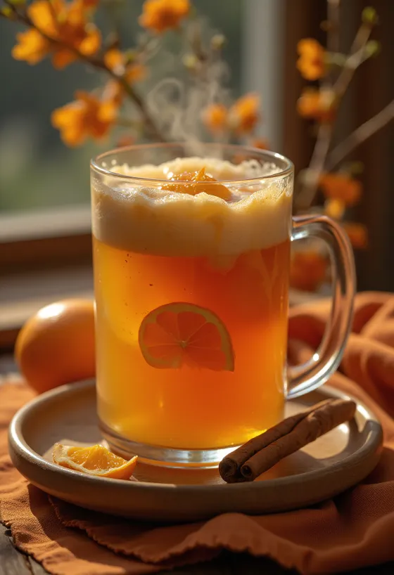 Canelazo con naranja, frissen tálalva, fahéjjal és narancsszeletekkel díszítve