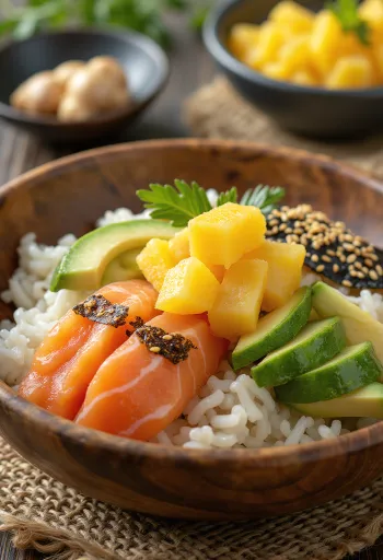 Chirashizushi tamagóval, friss zöldségekkel és halakkal tálalva