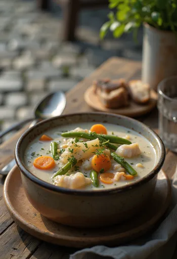 Chowder füstölt halakkal, gazdag tejszínes leves tenger gyümölcseivel