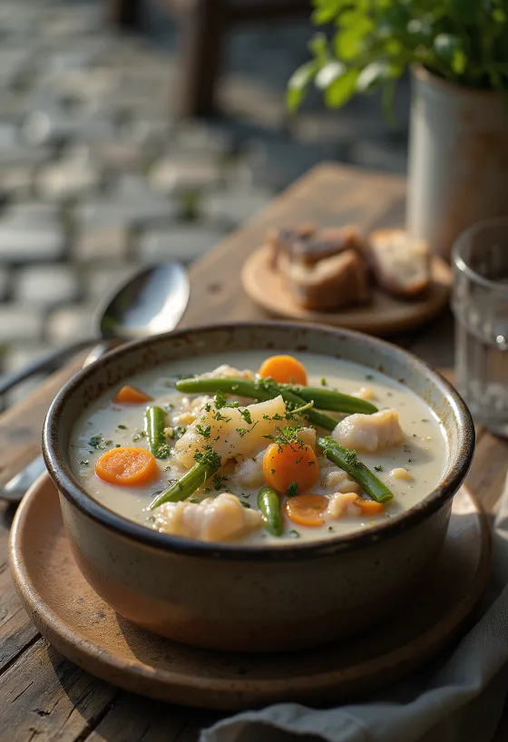 Chowder füstölt halakkal, gazdag tejszínes leves tenger gyümölcseivel