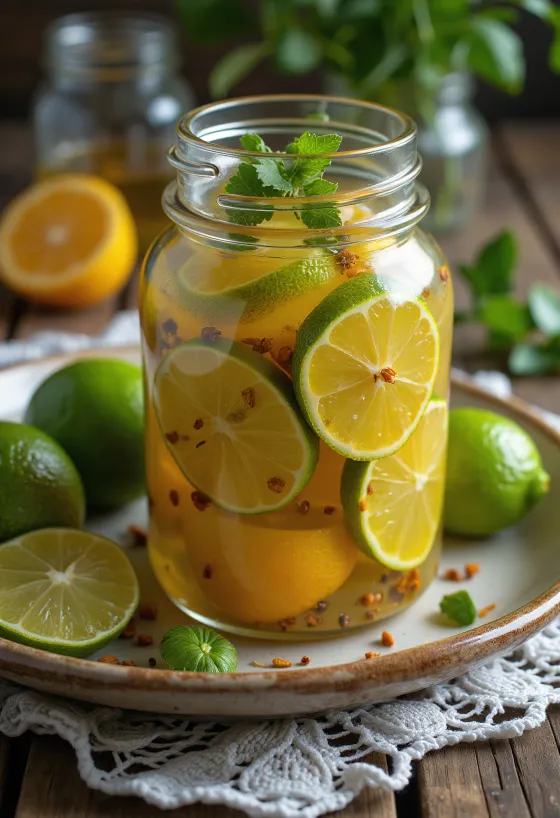 Csípős savanyított lime üvegben tálalva
