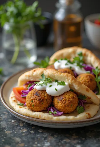 Falafel pita csicseriborsó fasírttal, paradicsommal, uborkával, káposztával és joghurtos öntettel