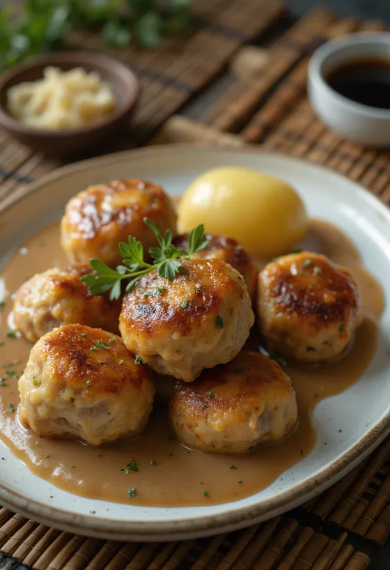 Frikadeller barna mártással tálalva, friss petrezselyemmel