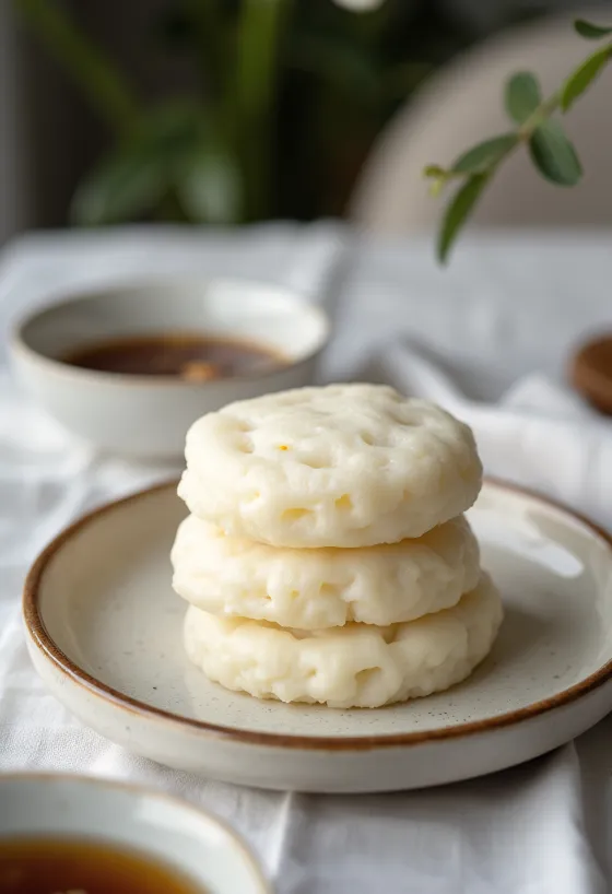 Idli rizzsel, frissen készítve, tálalva