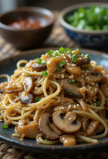 Japchae gombával tálalva, édesburgonya tésztával és zöldségekkel