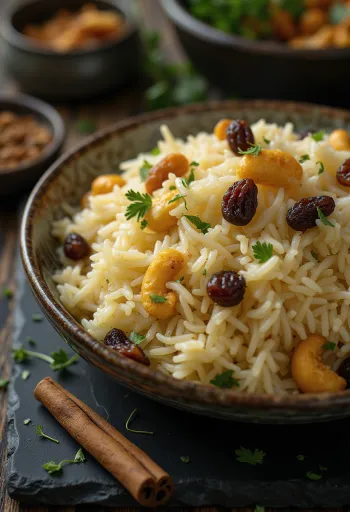 Kaju Kishmish Pulao kesudióval és mazsolával, friss korianderrel tálalva