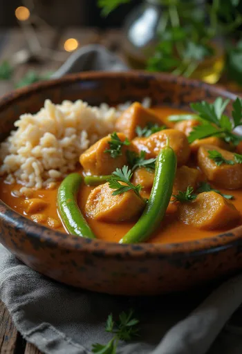Kare-Kare pörkölt tálalva zöldbabbal és friss korianderrel