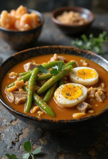 Kare-Kare sertéshússal, gazdag földimogyorós szószban, friss zöldségekkel tálalva